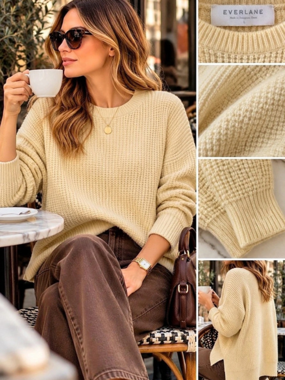 Everlane Ivory 100% Cashmere Waffle Knit Oversized Sweater Size L
